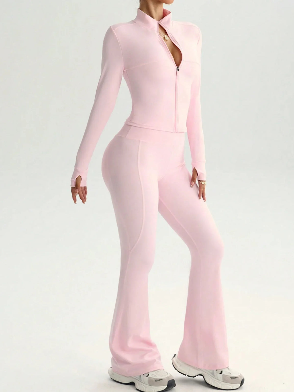Two-Piece Zip Jacket & High-Waist Flare Pants Gym Set View 5