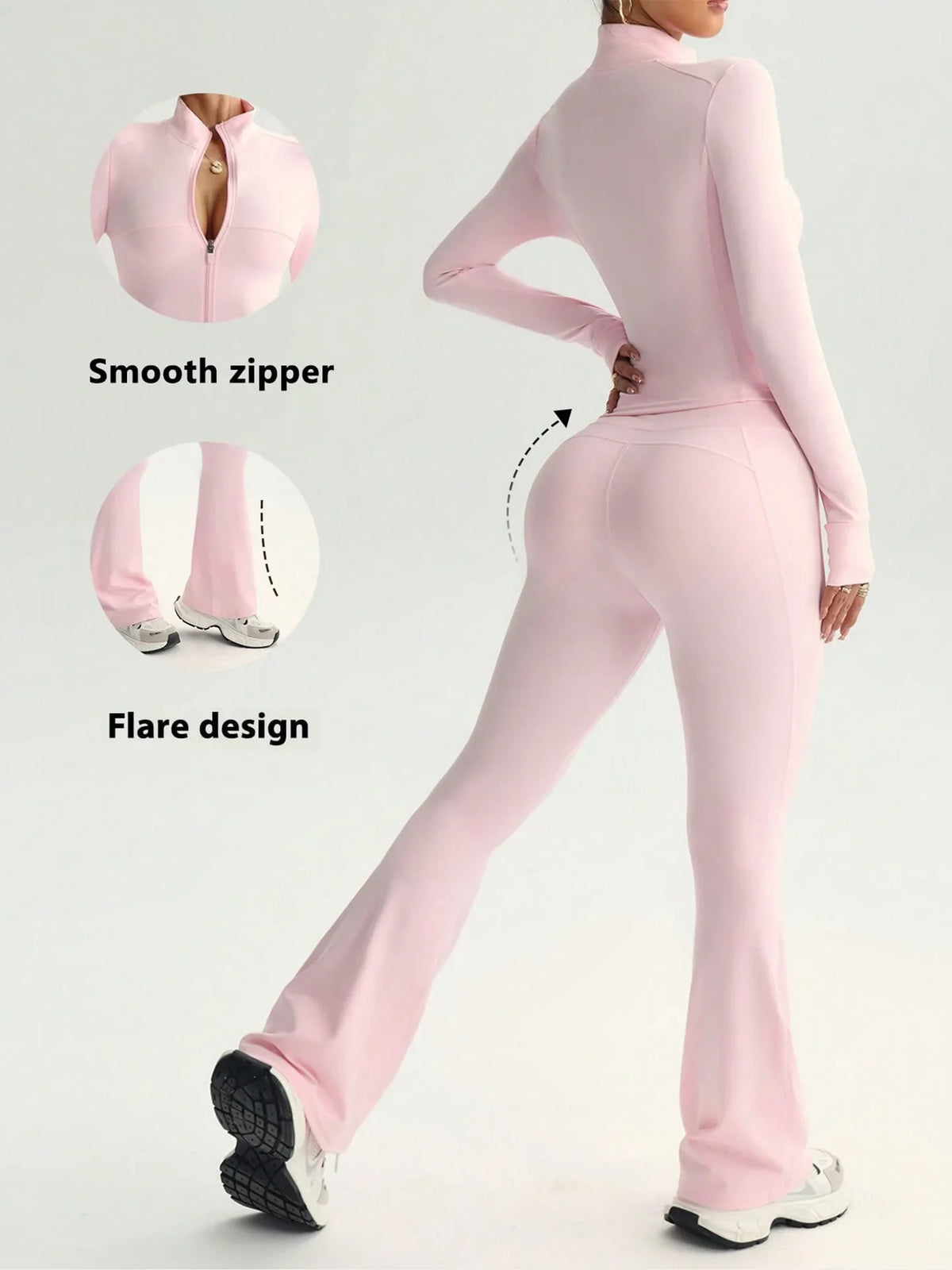 Two-Piece Zip Jacket & High-Waist Flare Pants Gym Set View 3