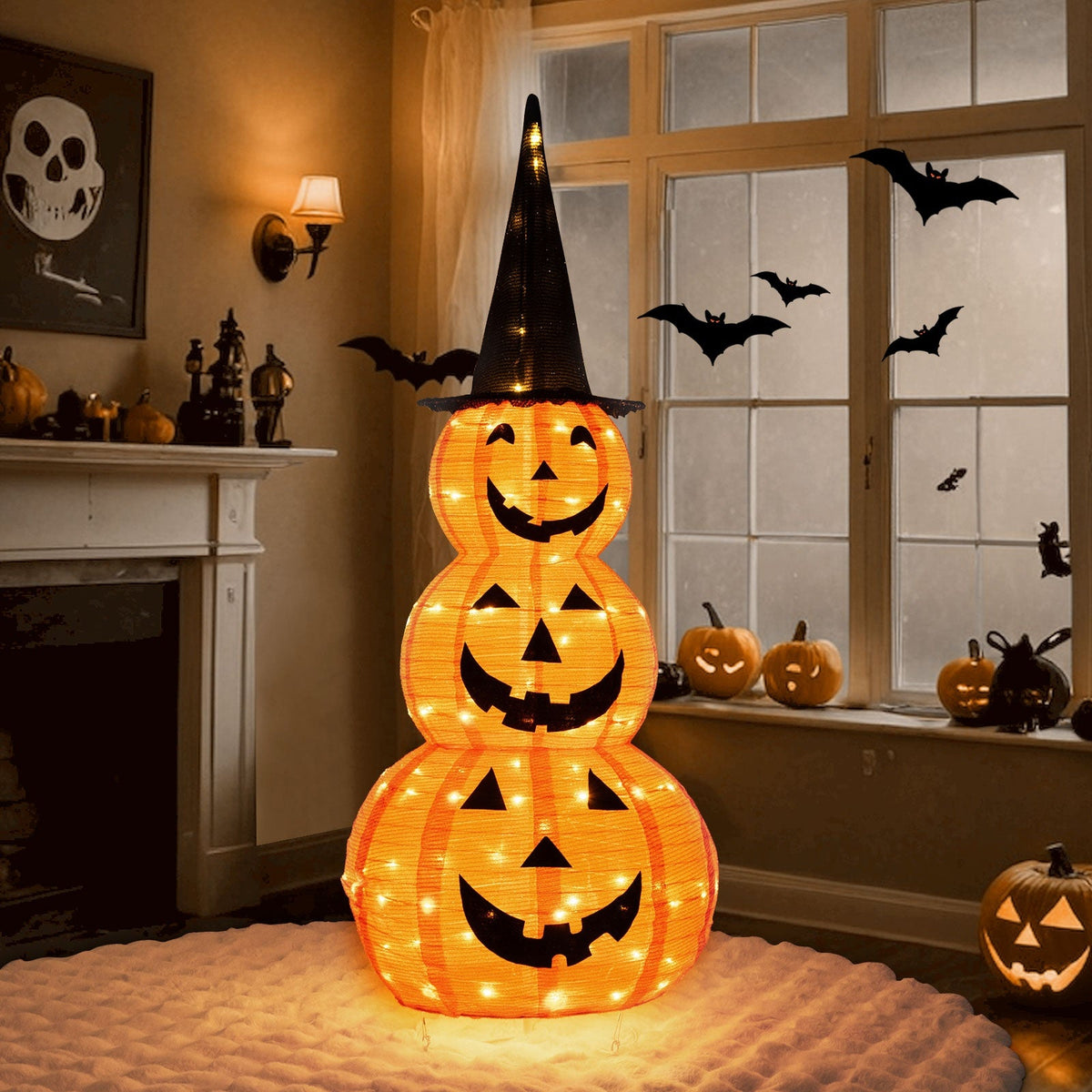 Indoor Cozy Fireplace Living Room Setup with Stacked Pumpkin Glow View 7