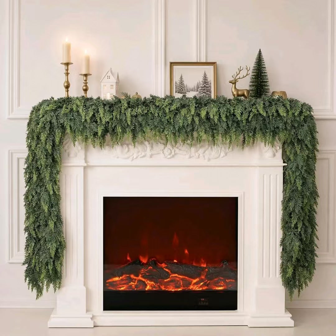 Full 6FT Cypress Garland styled with brass candlesticks on fireplace View 3