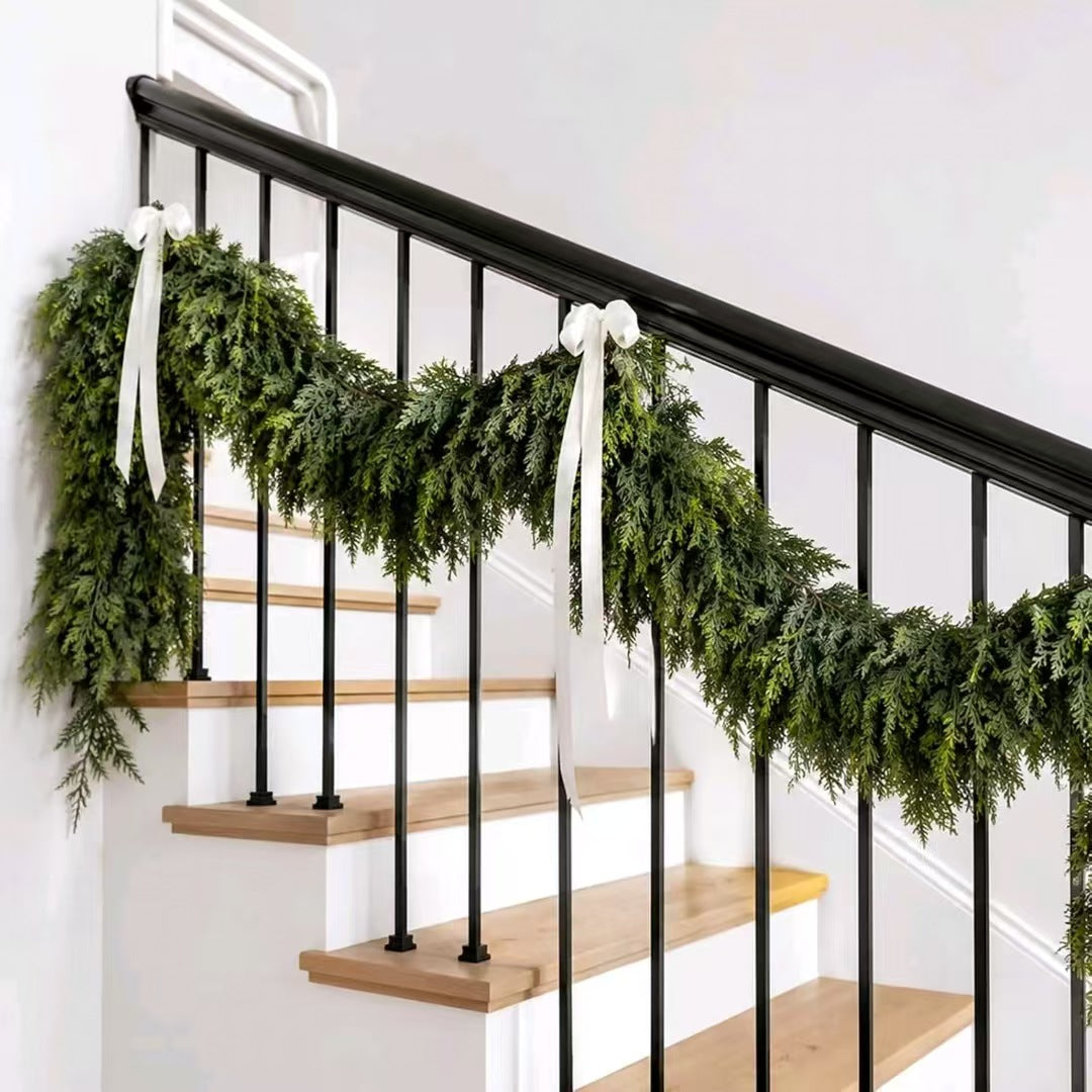 6FT Cypress Garland on wood staircase railing with white satin bows View 5