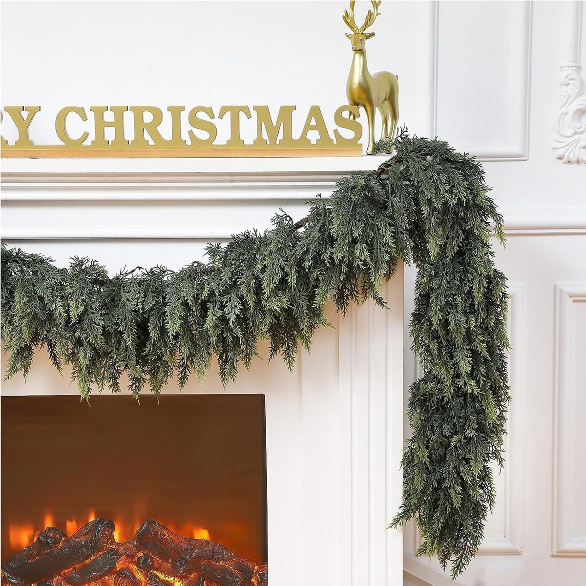 6FT Real-Touch Cypress Garland close-up needle texture on mantel View 2