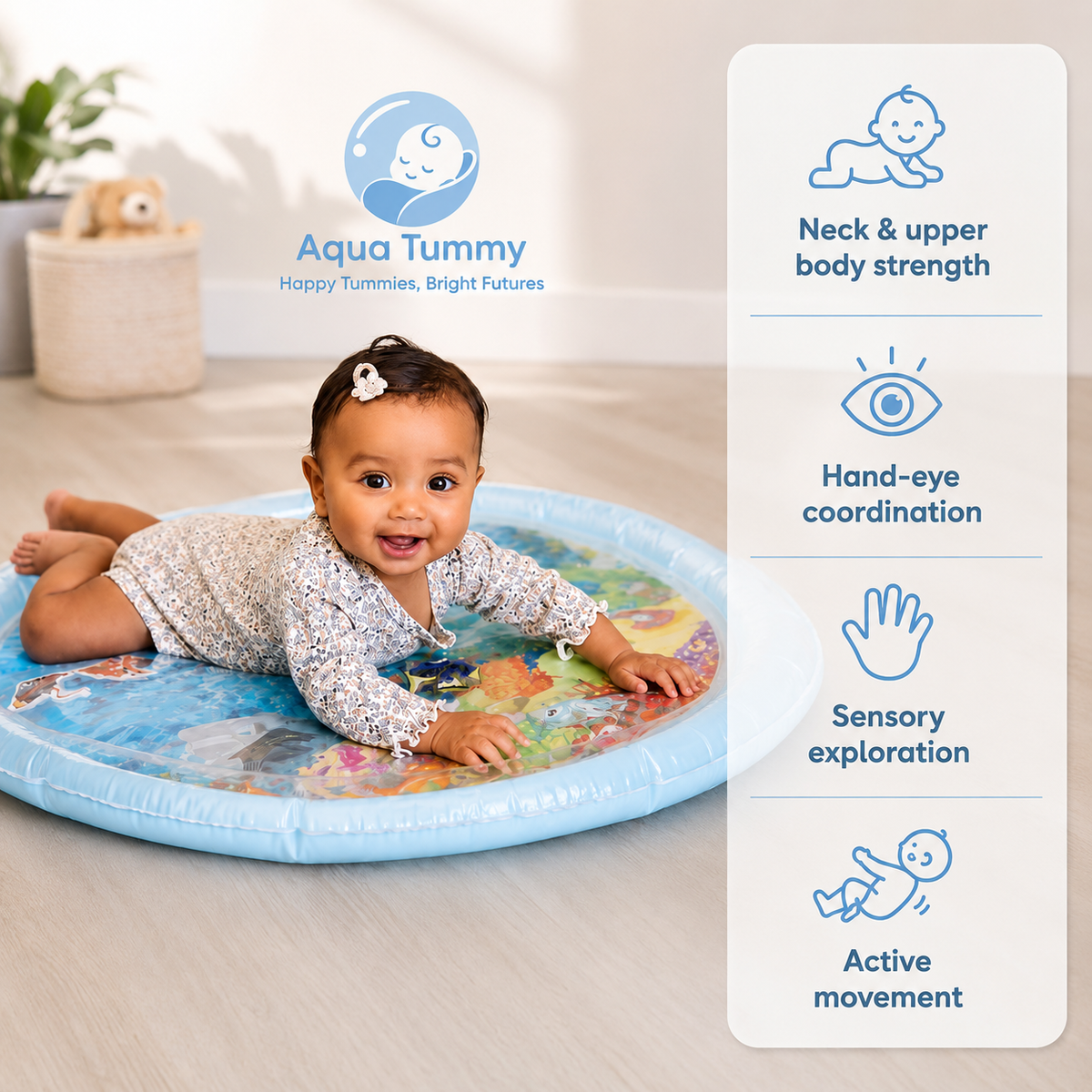 What tummy time builds: neck and upper body strength, hand-eye coordination, sensory exploration and active movement View 8