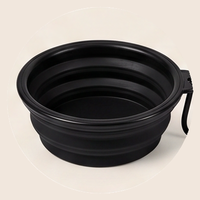 Black collapsible silicone travel dog water bowl with carabiner clip View 1