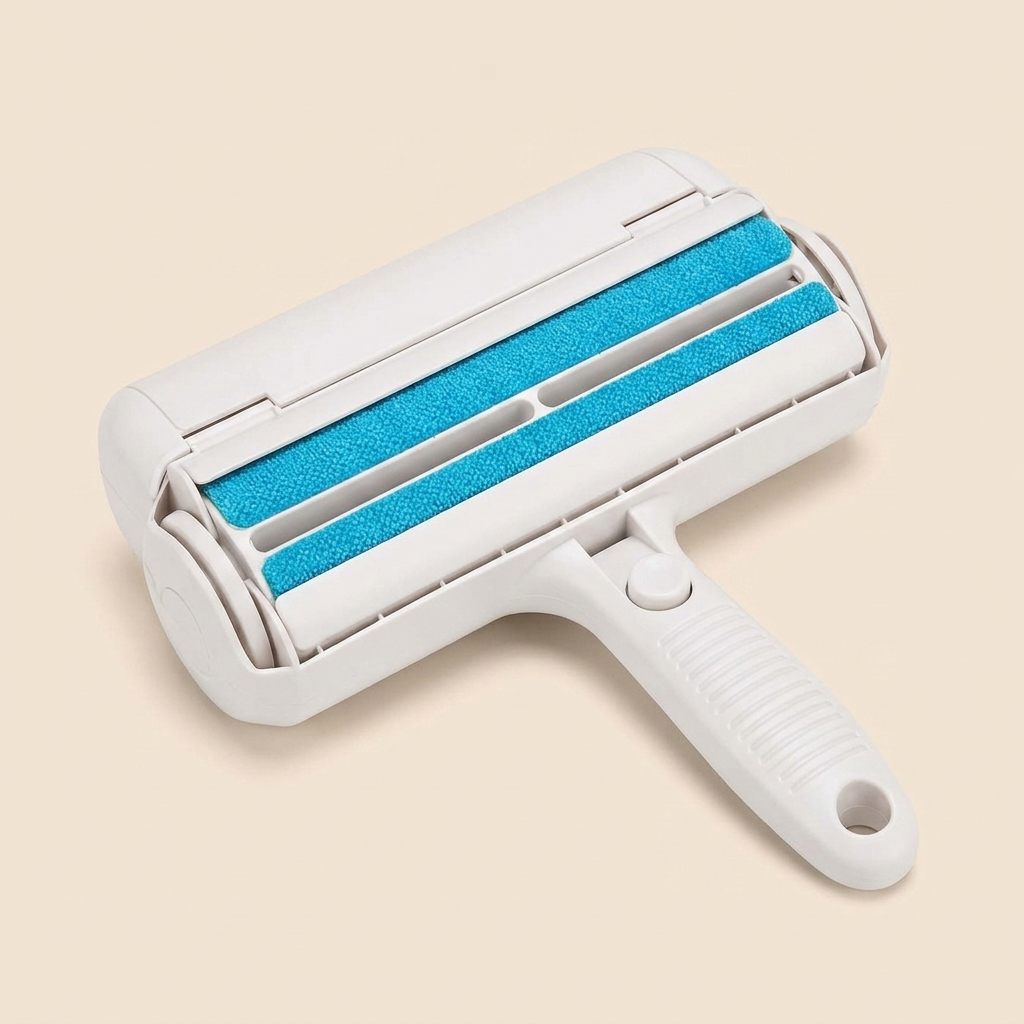 Self-cleaning pet hair remover roller with blue microfibre strips View 1