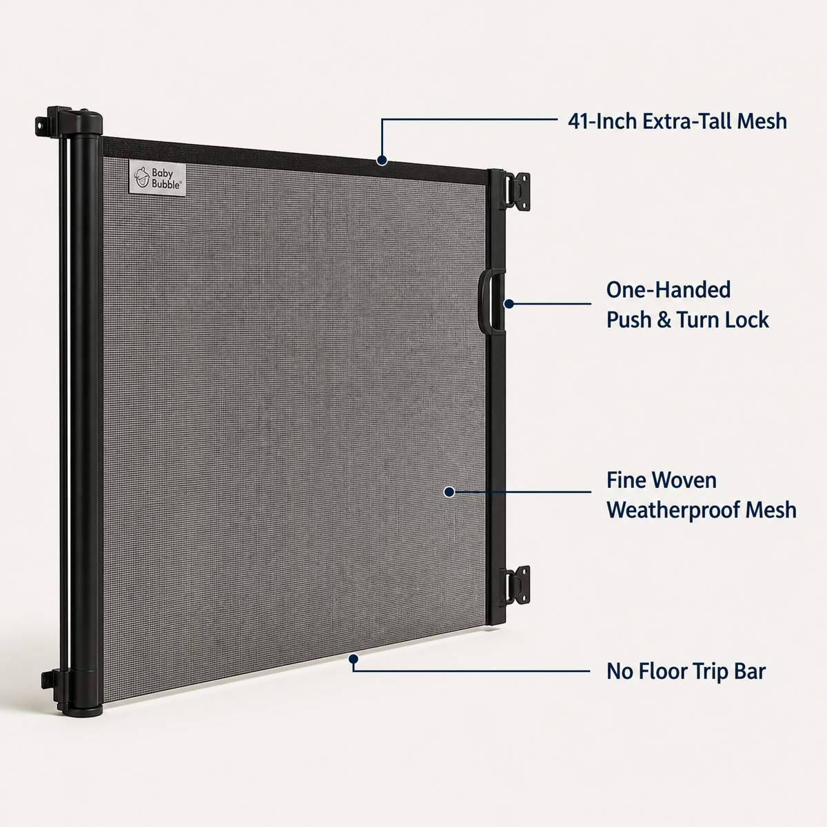 Retractable safety gate feature callouts: 41-inch extra-tall mesh, one-handed push and turn lock, fine woven weatherproof mesh, no floor trip bar View 5