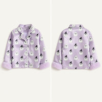 Front and back view of the lavender satin pajama top showing the piped button placket and the plain printed back View 4