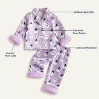 Labelled detail view: faux-fur plush cuffs, notched lapel collar, four-hole front buttons and elasticated waistband View 3