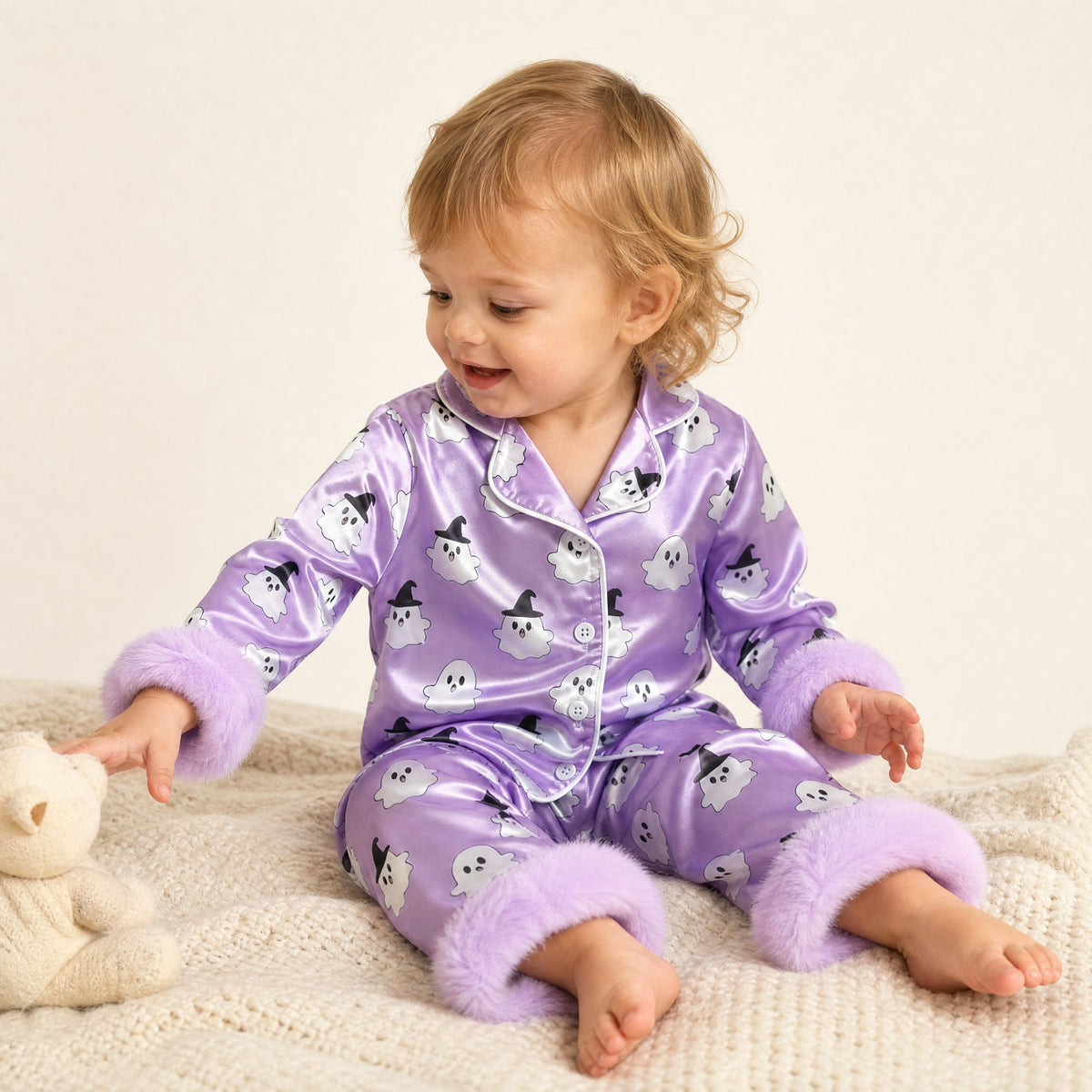 Toddler sitting on a cream blanket wearing the lavender ghost print satin pajama set with faux-fur cuffs View 2