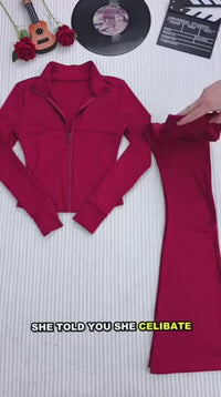 Two-Piece Zip Jacket & High-Waist Flare Pants Gym Set View 23