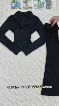 Two-Piece Zip Jacket & High-Waist Flare Pants Gym Set View 21