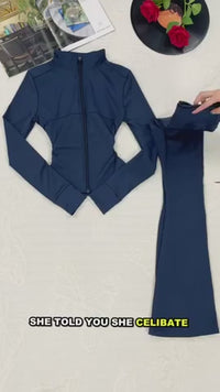 Two-Piece Zip Jacket & High-Waist Flare Pants Gym Set View 20