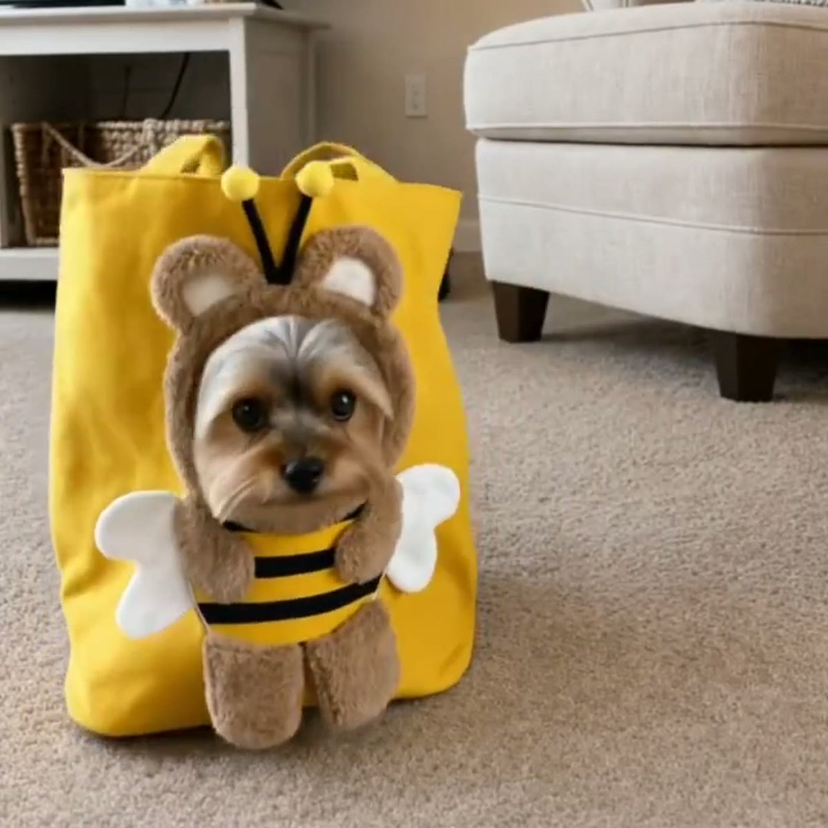 Yorkshire terrier sitting inside the yellow bee carrier tote at home View 2